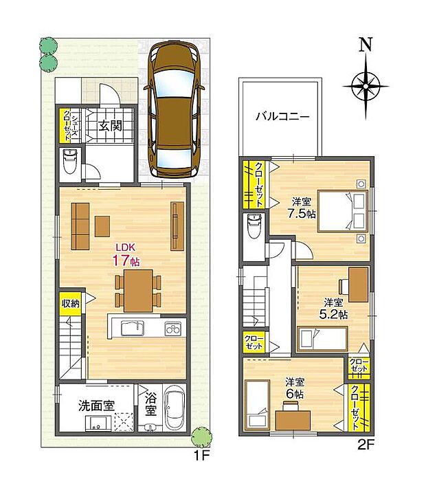 【2階建参考プラン】
LDKと水廻りが1階に集約した、家事動線に優れたプラン。リビング階段や対面式キッチン仕様で、ご家族のコミュニケーションが自然と活発になる住まいが叶います。