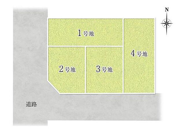  【全体区画図】
角地を含む、全4区画。前面道路は西側・幅員約6m、南側・幅員約3～4mです。敷地に合わせた、建物プランをご用意しております。