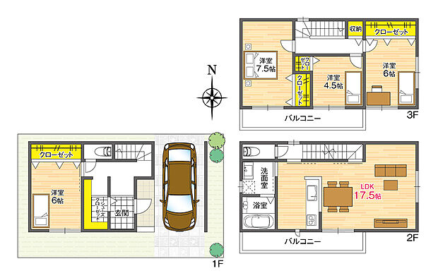 【参考プラン】
プライバシーを保ちやすい2階リビング仕様。約17.5帖のLDKでゆったりと寛げます。全居室の南側に窓を配した、日中陽光が注ぐプランです。玄関にSICを設けることが可能です。
