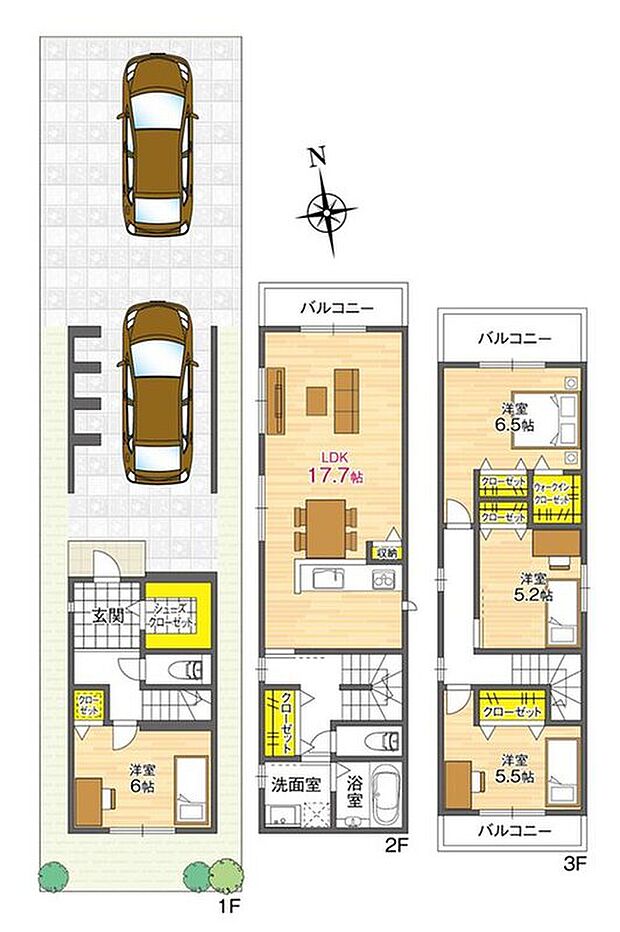 【参考プラン/3階建】
建物面積108.54m2、建物価格2180万円。LDKは2階に位置しており、外部からの視線を気にせずゆったり寛げます。水回りを2階に集約した、家事・生活動線の良いレイアウトです