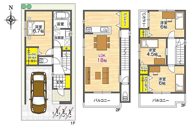 【【参考プラン間取り図】】南向きのLDKは、道路からの視線が気になりにくい2階に配置。パントリーやWICなど、あると嬉しい収納スペースも備わっています。駐車1台可能です(車種による)。/建物面積100.44m2