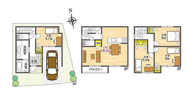 【【3号地/参考プラン】】南向きで陽当り良好な4LDKの間取り。全居室収納付きで、住空間を広々と有効活用できます。1台駐車可(車種による)。