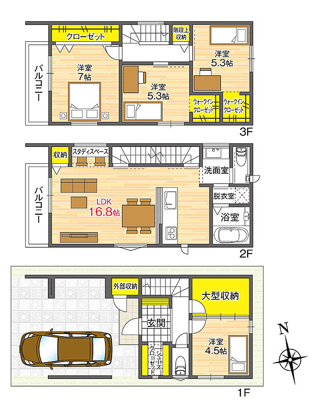【【1号地/モデルハウスプラン】】2階にLDKと水回りを集約した家事ラク動線。リビングの一角にスタディスペースを設けました。SCL、WIC×2、洋室と一体利用できる大型収納など豊富な収納を確保しています。