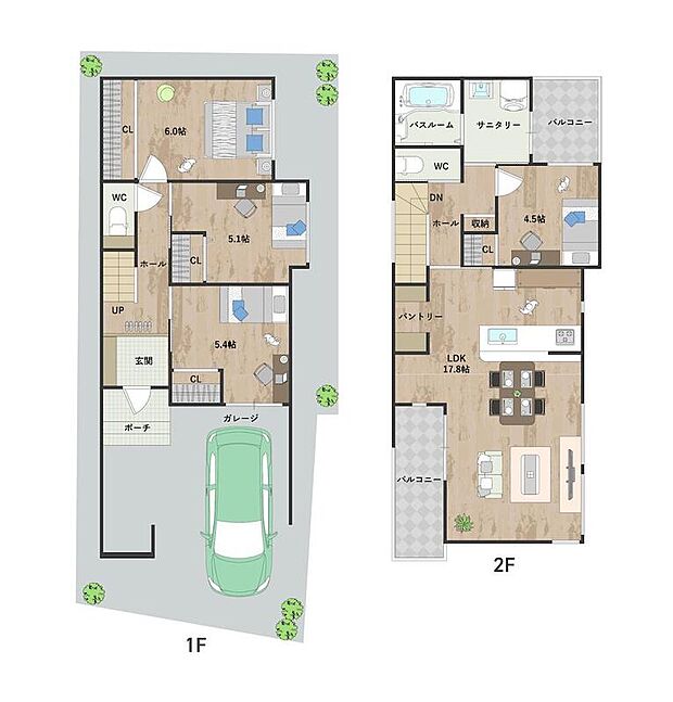 【間取り図】
2階建て「4LDK」の新築一戸建て。LDKを2階に配置し、プライバシーにも配慮。南側バルコニーから陽光が差し込む明るい住空間です。サニタリーに隣接するバルコニーがあり、洗濯動線も良好◎