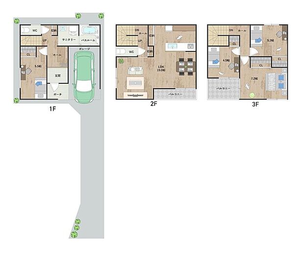 【5号地・参考プラン図】
プライバシーに配慮した2階LDKの「4LDK」プラン。ご家族との会話を楽しみながら作業ができる対面キッチンを採用しています。《建物面積104.88m2、建物価格2181万円》
