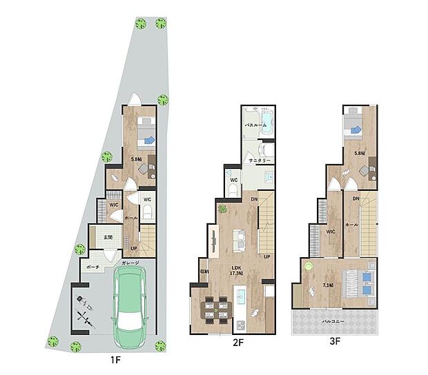 【3LDK+2S】敷地形状を活かした間取り設計。2階部分に水回りを集約しているので、家事動線がスムーズです。各洋室は前面道路からの視線が気になりにくく、プライバシー面も◎