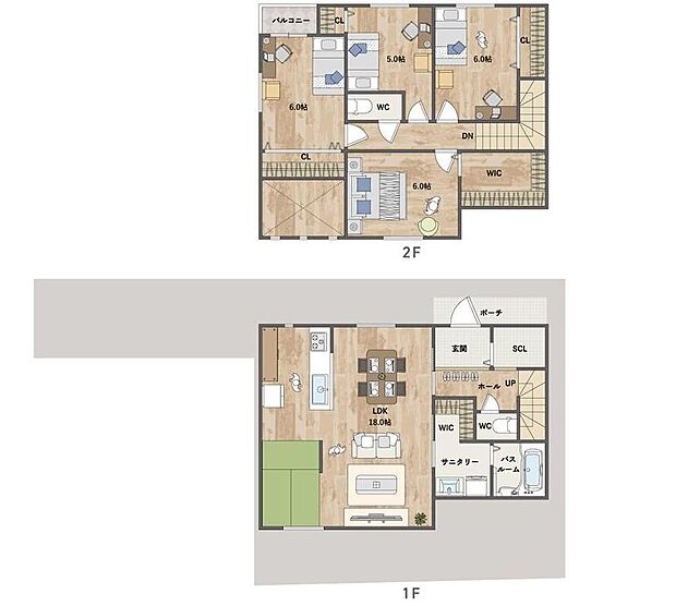 5号地はプライバシー性の高い旗竿地◎玄関にはSCL、2階には大容量のWICを配置し、すっきりと暮らせる設計に。《建物面積100.44m2、建物価格1716万円》