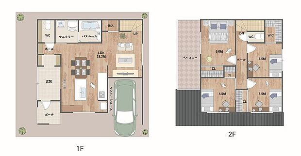 【4LDK】生活動線の良い1階LDKを採用。ワイドサイズの玄関にはオープンタイプの収納を設置。採光を広く取り、明るく開放的な空間に仕上げました。2階には4部屋の個室を設けています。