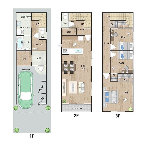 リビング~ダイニング~キッチンを一直線に並べ、開放的な団欒空間に◎ベビーカーやゴルフバッグも仕舞えるSICや、2ヶ所の廊下収納など、収納力の高さも魅力です。《建物面積103.68m2、建物価格1862万円》