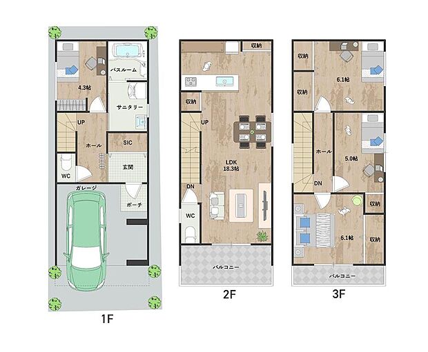 LDKは18帖超、ご家族の会話が弾む対面式キッチンです。全居室収納に加え、SICを備えた収納豊富な設計で、すっきりと片付いた暮らしが叶います。《建物面積102.05m2、建物価格1833万円》
