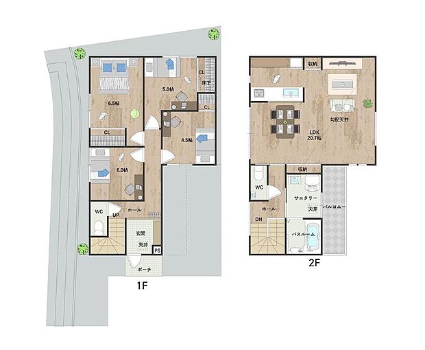 【4LDK】20帖超のLDKは、採光を確保しやすい3面採光。2ヵ所に収納があり、室内の整理整頓が可能です。バルコニーへ繋がるサニタリーを採用し、家事動線にも配慮◎洋室4部屋はプライバシーを保ちやすい振り分けタイプです。
