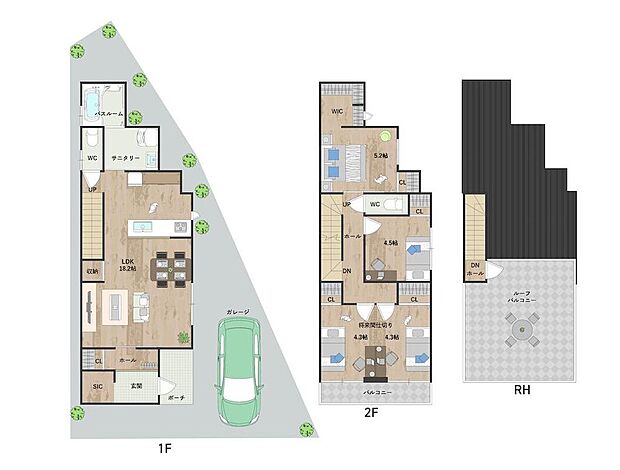 階段を使わずすぐくつろげる、1階LDKのプラン。2階には洋室2部屋＋将来間仕切りが可能な洋室2部屋を配置。屋上に設けたルーフバルコニーは、ビニールプールやBBQを楽しむことができるスペースです。《建物面積98.21m2、建物価格1764万円》