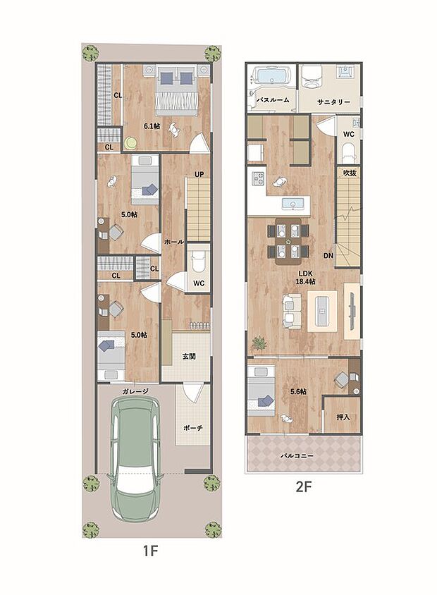 2階LDKプラン。LDK横の洋室との一体利用で、広々空間に◎2階に水回りを集約し、家事動線が良好です。陽当りの良い南向きバルコニー付き。《建物面積99.00m2、建物価格1778万円》