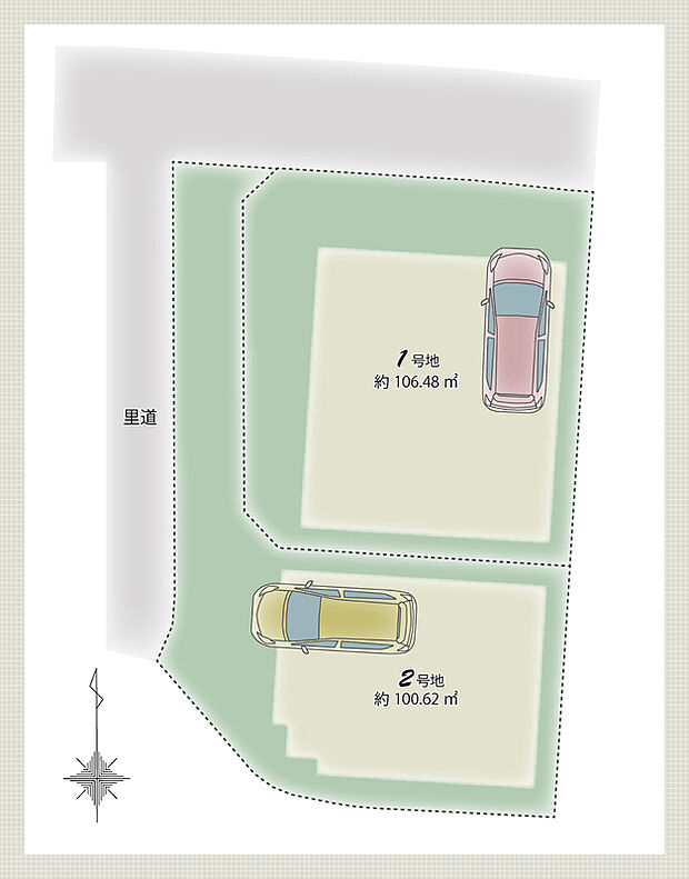 【区画図】
車の通り抜けが少ない、閑静な住宅地。土地30坪超のゆとりの限定2区画です。