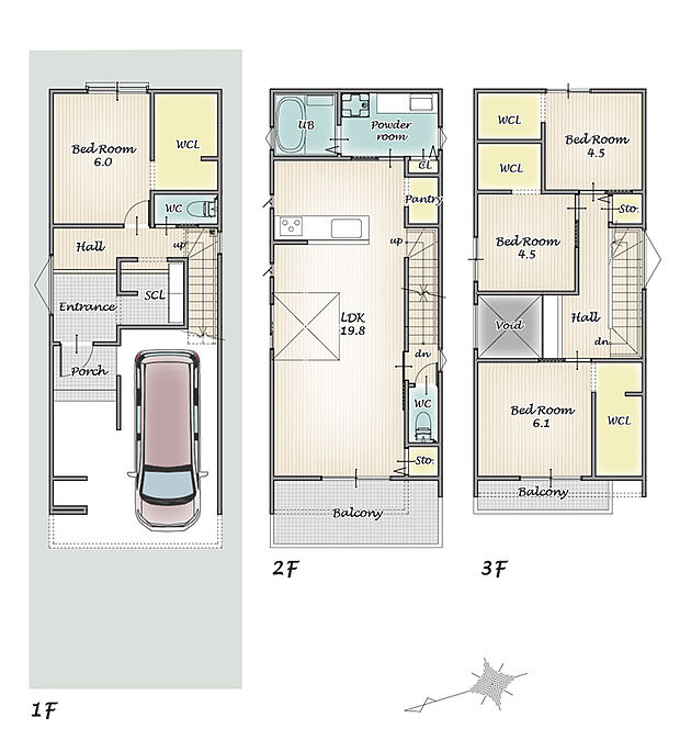 【4LDK】2階に水廻りを集約しながらもLDKは19.8畳を確保!
SCL、パントリーに加えて、全室ウォークインクローゼット完備の収納充実も嬉しいポイントです!