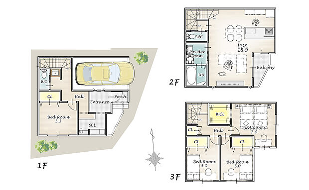 【建物面積 110.95m2、4LDK、建物標準価格 2035万円（税込み）が別途かかります】
コンパクトな敷地で、広さを感じる110m2の3階建てのサンプルプランが登場！
・浴室・洗面を2階にまとめ、LDKからの動線が短く毎日の家事が効率的に。
・玄関まわりがスッキリ片付くSCL完備。