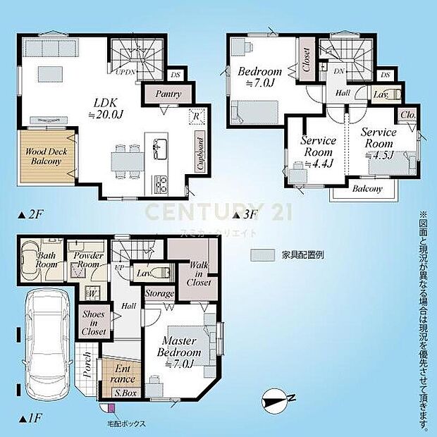 間取図/約20帖のLDKにはウッドデッキバルコニー付き、ウォークインクローゼットやパントリーなど各所に収納豊富ですっきりと暮らせます。3階居室を間仕切ることで4LDKとしてもお使いいただけます。