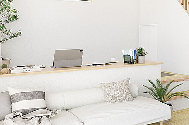 【自分時間を過ごせるステージリビング】
半個室感覚が魅力のステージリビング。木を感じる素材をカウンターやフロアに用い、ナチュラルな雰囲気の中で自分の時間を過ごせます。※号棟により採用状況が異なります。