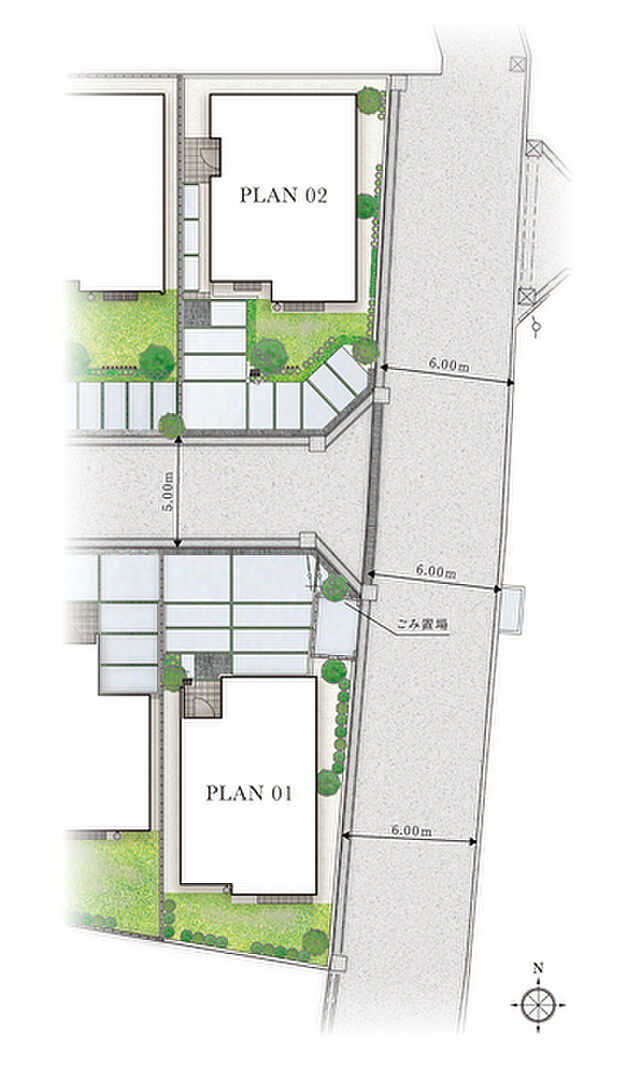 【素材美が引き立てる品格ある街並み】
淡いアースカラーの外壁に、木目調や石目調のアクセントが映えるナチュラルな外観デザイン。庭のある敷地がもたらす開放感と相まり、心地よく調和した街並みを描いています。