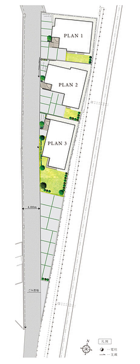 【明るさや広がりを住まいへ呼び込む外構計画】
一邸一邸表情の異なる、愛着のわくモダンスタイルの邸宅をデザイン。南側にカースペースや庭を計画的に配置し、風の通り抜ける道や陽だまり空間を創出します。