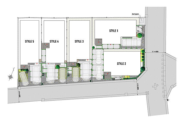 【立地環境を活かした邸別設計が集う街】
立地環境を十分に活かすために「一邸一邸のデザイン」からこだわって設計。邸別設計の全5邸が一つに集まって整い、洗練された街並みが誕生します。