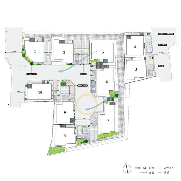 【高台の開放感を活かしたひな壇のランドスケープ】
空へと段状にひらけたひな壇の地。その地形を活かし、ゆとりある配置で描かれる全10邸の街づくりは、一邸一邸が陽光と風を享受できるよう配慮されています。