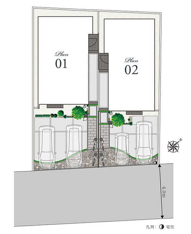 【前面道路の広がりアプローチが創る美しさを纏う街並】
幅員6.0mの前面道路と高低差なく外構部分がつながることで、奥行きと開放感を街に創出。天然石・木質調アイテムが美しい邸宅を演出しています。