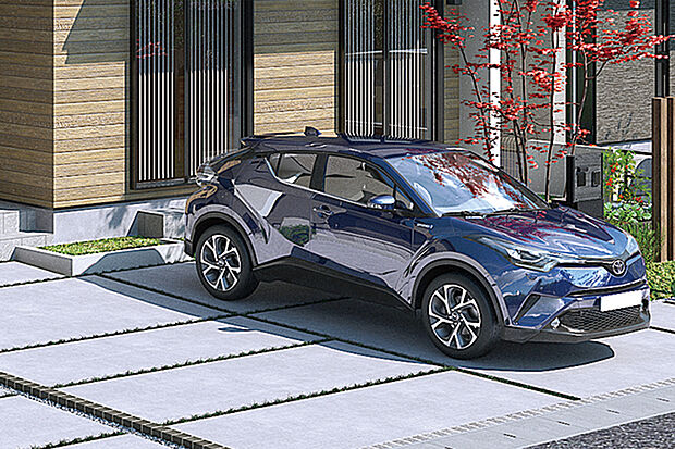 【【カースペース】】アプローチ部分に広がりを創出し、豊かなカーライフを叶えるカースペースをご用意しました。全邸敷地135m2以上を確保したゆとりと相まって、街並み全体に心地よい開放感を創出します。