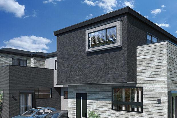 【【ファサード】】3邸それぞれに色合いの異なる外壁材を採用。そこにアクセントとなる木目調の壁材を加えることでクールな印象を与え、高級感のある外観デザインとしました。