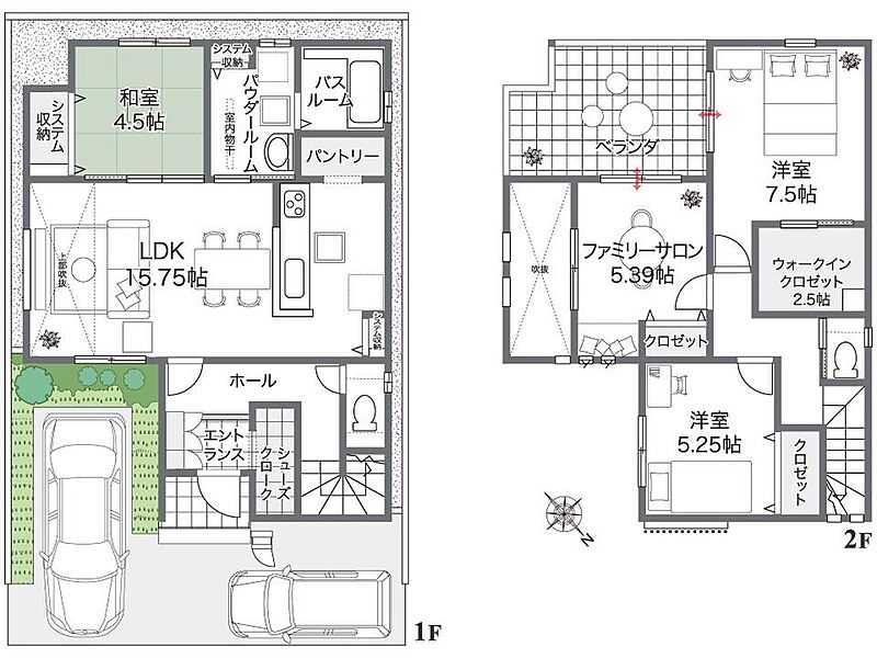 【間取り図/2号地】
LDKと和室を繋げると、20帖超えの広々とした空間に。南向きの吹き抜けがあるリビングは、明るい陽光が注ぎ込みます。パントリーやシューズクローク等、多数の収納を備えています。