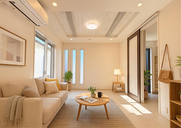 【3号棟】リビング （※家具等をCGで加工しています。家具付き販売ではございません。）　折上天井と南向きの大きな窓が明るさを演出。上品な色合いで、忙しい日常を優しく包み込む癒しのリビングです。