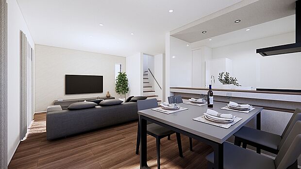 【B棟LDK　完成予想図】18.1帖のゆとりあるLDK に、角地ならではの開放感が心地よい住まいです。