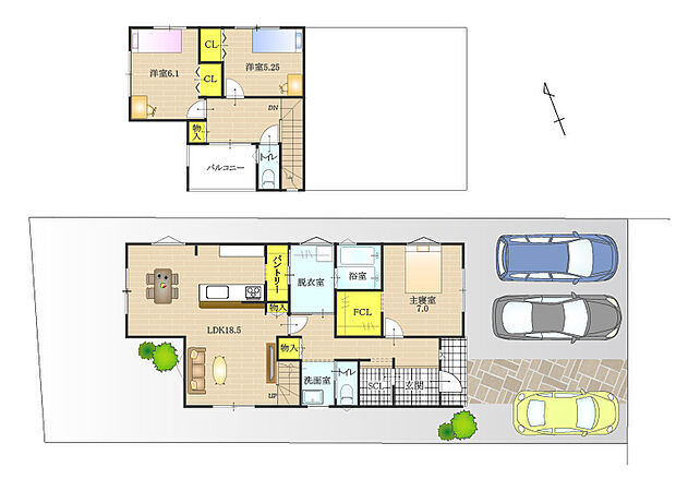【BV稲美町加古1号地】18.5帖のLDKはキッチンに立ちながらも家族に目が届き、リビング階段で家族のコミュニケーションも取りやすい配置。スムーズな生活動線と収納も多く嬉しい住まいです。