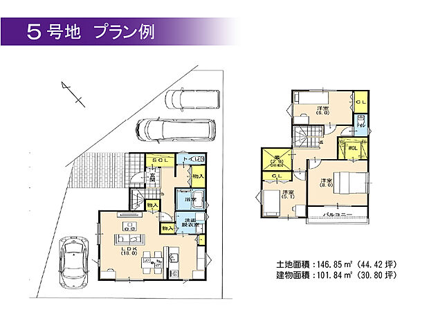 【BV播磨町南野添5号地プラン例】建物面積101.84m2・建物価格1796円
対面キッチンで家族との会話むLDKと、水廻りをまとめて回遊できる家事ラク間取!適量適所に設けた物入やウォークインクローゼットで収納充実!
