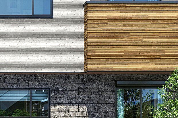 【【豊かな表情を描く外壁素材】】質感の高い石積調と木目調の外壁素材を採用した外観スタイル。アプローチの植栽の緑と調和しながらも、デザイン性の高さを演出しています。