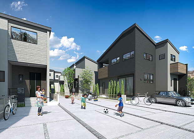 【【TOWN DESIGN】】グレイッシュな色合いが落ち着いた佇まいを描き出す外観デザイン。木目調のアクセントがナチュラルな温もりを添え、瑞々しい植栽の緑と調和しています。