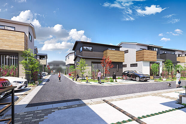 【【TOWN DESIGN】】開放的な広がりに憩い、つながりが生まれる街。一部号棟にテラスを設け住民同士のコミュニティを育める工夫を採用。街区内には回遊性と安全性を確保。小さなお子さまにも安心の設計。