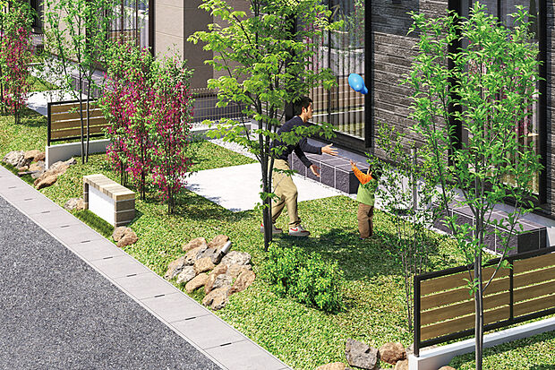 【【ラウンジテラス】】ラウンジテラス街区で採用した、外壁や街の緑と調和するテラス。住人同士でつながりが育まれます。