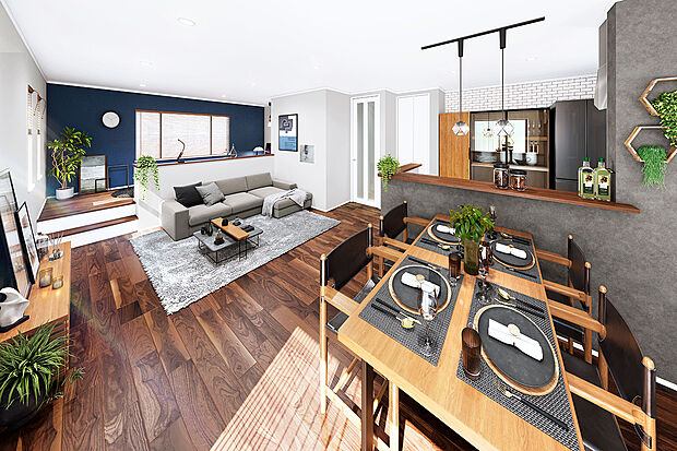 ブラックウォルナットの床材が、落ち着きを与えるリビング空間。三種類のアクセントクロスが、互いに引き立て合い、より洗練されたインテリアを実現いたします(イメージ画像)