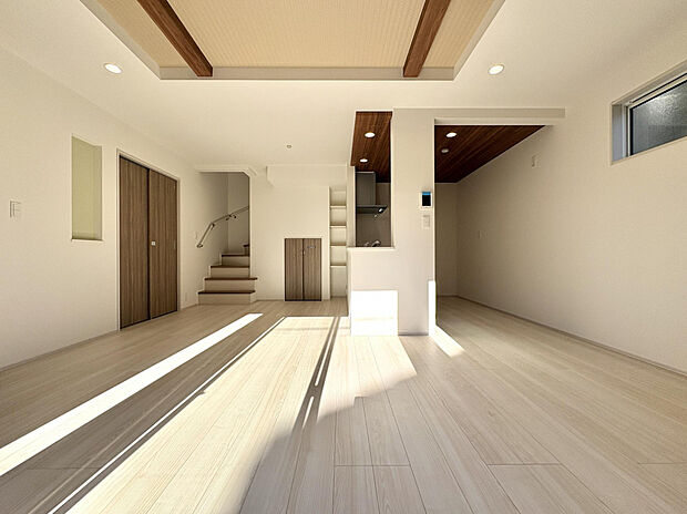 【【1号棟/LDK（15.62帖）】】階段横には、生活感の出やすい日用品の整理にも重宝する、リビング収納＆可動棚を備えました。ご家族共有の書類や文具、小物類などを整理できます。