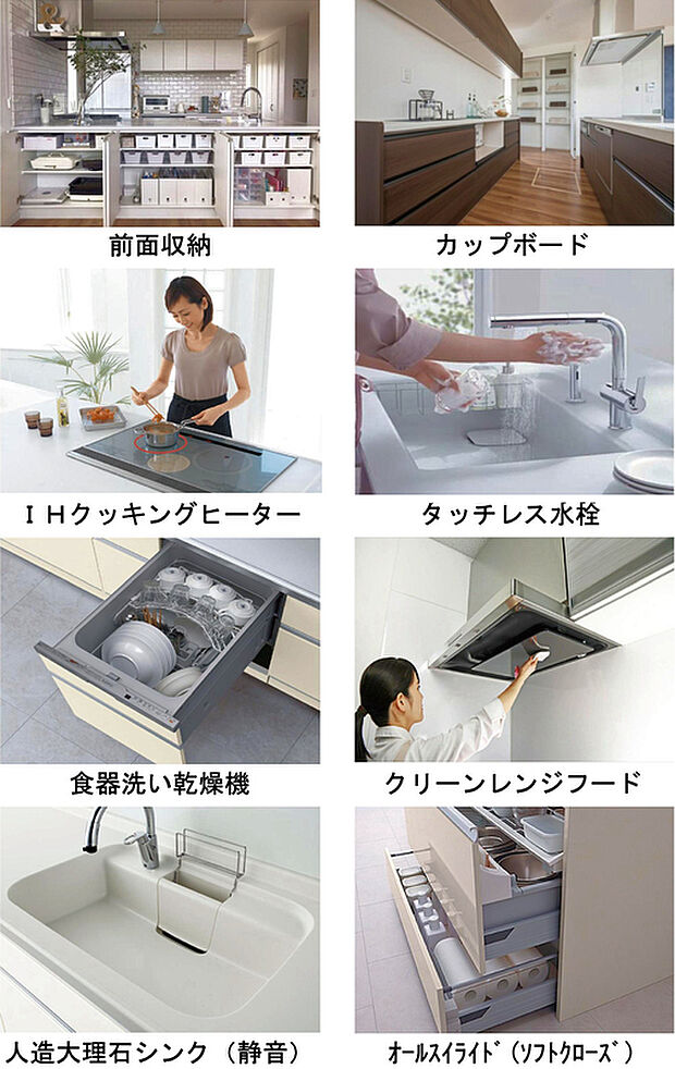 【キッチン】キッチンの前面を活かした収納は、限られた空間を最大限に有効活用できる優れた設計。調理器具や食品ストック、日用品をすっきりとまとめて収納できるため、散らかりがちなキッチンも常に美しく保てます。使いたい物がすぐに見つかる収納力と、生活感を抑えた洗練されたデザインで、家事効率と見た目の両方を叶える、理想のキッチンスペースを実現します。