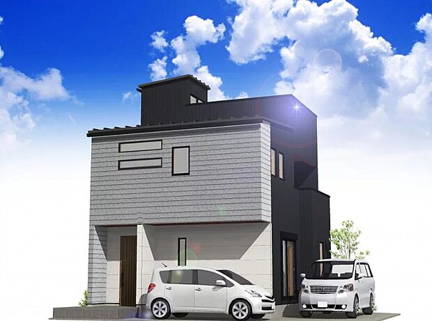 【完成予想図(4号棟)】
モノトーンのカラーリングが住宅街に馴染む洗練された佇まい。前面道路はお住まいの方の通行がメインのため車の行き来も少なく、小さなお子様がいるご家庭でも安心です。