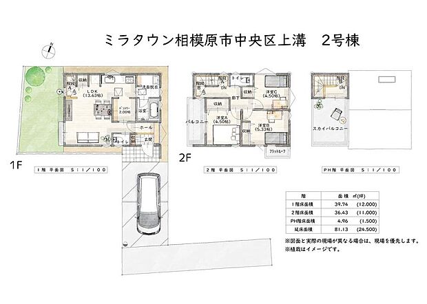 【3LDK】土地面積:123.87m2(法地部分を含む)有効面積:75.90m2、建物面積:81.13m2