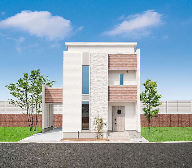 リゾートモダンスタイル、正面２連FIX窓はデザイン採光を
取り入れます。
外観デザインに関して、細かなデザイン規制は設けずお客様のお好みに合わせて、専属のコーディネーターがご提案致します。（施工例）