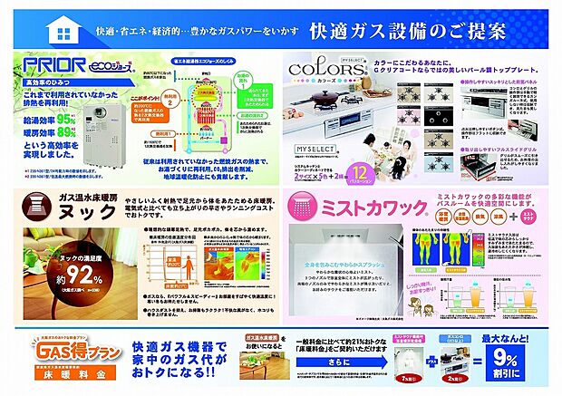 【標準ガス設備】省エネ給湯器エコジョーズ標準装備!お手入れ楽々のガラストップコンロも標準、ガラストップの天板はカラーを選択頂けます。寒い冬場でも安心の床暖房3パネル標準装備です♪※カワックは標準、ミストサウナは当社推奨オプションです。