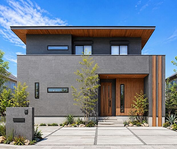 【外観デザインは専属建築士コーディネーターがご提案】ダークカラーワントーンの外観は高級感漂います。同じような家ばかりが立ち並ぶ住宅地は嫌だ!そんなお客様の要望ミヤマグループでは実現可能です。(参考イメージパース)