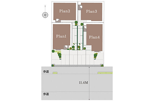 【陽光が降り注ぐ開放感あふれる街並み】
11.4mの南道路に面した開放的な立地。不在時に便利な宅配ボックス付機能門柱や、住まいに調和する立水栓など、スタイリッシュなエクステリアを揃えました。