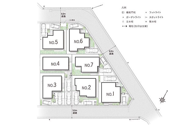 【開放感に包まれた街】
地区計画エリアに位置し、三方が道路に面する全7邸の街。自然を感じる外構デザインや、暮らしに便利なしつらえを配し、豊かな開放感と快適に包まれる街を描きました。