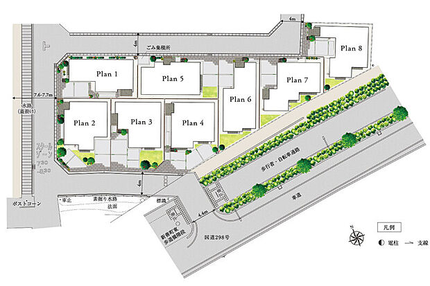 【広がりを感じられる8邸の街】
全ての住戸が公道に面した、広がりと開放感のあるプランです。並木道の緑豊かな風景に調和しながら、存在感のある街並みを新しい魅力溢れる草加の街に描きます。
