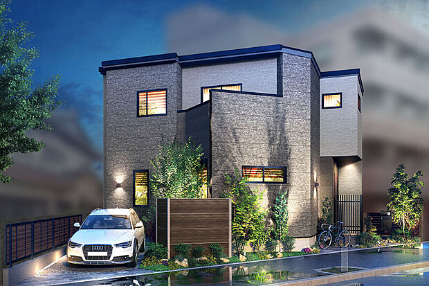 【プライバシーが確保された品格ある邸宅】
スタイリッシュな外観と潤いある外構を描きながら、前面道路からの視線を自然に遮るプライベートな邸宅。ミニマルでモダンなファサードデザインが映える住まいです。